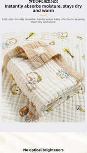 Detail of 6-layer cotton gauze baby towel with yellow duck print and soft cotton piping