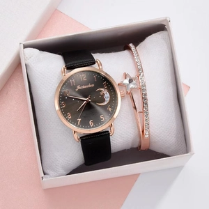 Women's quartz watch and bracelet gift set with moon motif and rose gold details