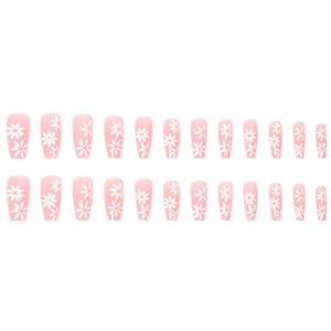 Pastel pink press-on nails set with white daisy flowers in square round shape