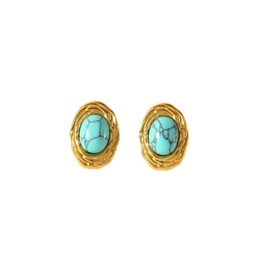 Boucles d'oreilles vintage en acier inoxydable doré 18k avec turquoise ovale