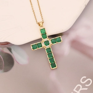 Gold cross necklace with emerald green cubic zirconia and fine gold chain for women