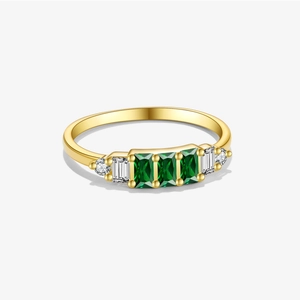 S925 sterling silver gold ring featuring three emerald green rectangular zircons
