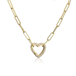 Gold heart necklace with paperclip chain and micro-paved cubic zirconia pendant
