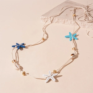 Summer beach starfish seashell necklace with woven rope and blue seaside charms