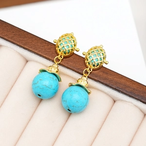 Ethnic Copper Turquoise Dangle Earrings For Women Gold Plated Hollow Out Ball Earrings 925 Sterling Silver Earring Post