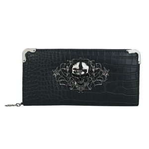 Gothic black crocodile leather wallet featuring silver skull detail and metal corners