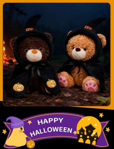 Plush Halloween teddy bears in wizard hats and pumpkin capes against a forest night backdrop