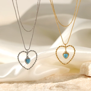 Collier Pendentif Cœur Double Couche Acier Inoxydable Avec Pierre Turquoise Bleue Cadre Torsadé Creux Bijoux Femme