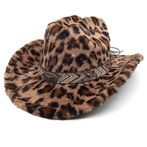 Leopard Muster Kunstfell Western Cowboy Hut Mit Stierkopf Emblem Breite Krempe Winter Warm Jazz Hut