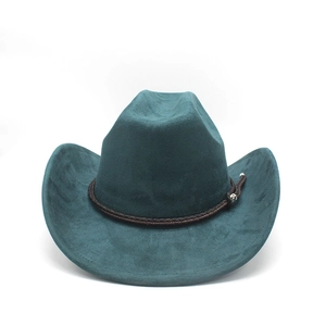 Close-up of teal faux suede cowboy hat featuring a braided brown rope and metal buckle
