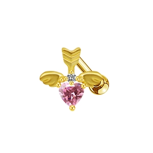 Golden butterfly wing arrow belly ring with a pink heart gemstone on a white background