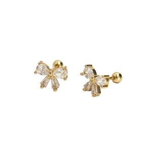 Sparkling S925 silver bow stud earrings with gold plating and zircon inlay