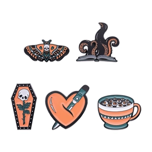 5-piece gothic pink enamel pin set with moth, heart, and coffin surrealism designs