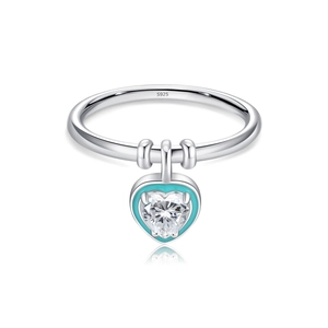 S925 sterling silver ring featuring a mint green enamel heart charm with zircon