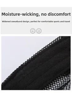 Macro detail of the breathable black mesh fabric and wide sweatband on this sun hat