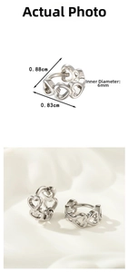 Detail view of mini hollow heart earrings with dimensions 0.88cm height and 6mm inner diameter