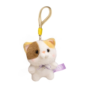 Cute tricolor plush cat keychain with purple bow and bell for bag decoration
