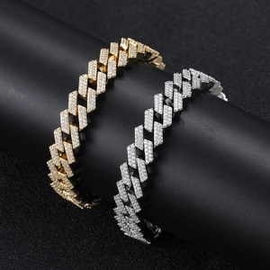 Iced out 12mm 18K gold and silver plated rhombic Cuban link bracelets with double row zircons