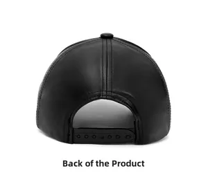 Rear view detail of black PU leather baseball cap with adjustable snapback strap