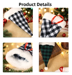 Detail of Christmas plaid cutlery holder with plush trim and hanging red silk ribbon loop