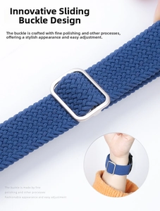 Close-up of the adjustable silver metal slide buckle on blue nylon braided watch band