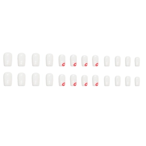 24-piece set of square white press-on nails with red lip prints for elegant DIY manicure