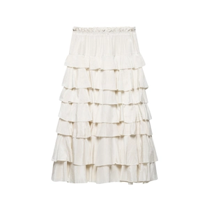 Elegant cream white layered tiered maxi skirt with pleated ruffles and elastic waist