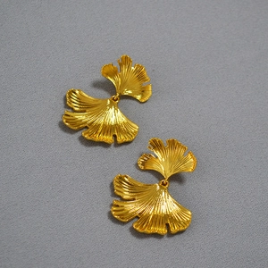 Vintage Brass Ginkgo Leaf Earrings With 925 Sterling Silver Earring Post Gold Plated Irregular Texture Dangle Jewelry For Women