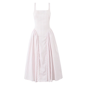 Detail of pink and white checkered dress featuring waist-cinching and side pleats