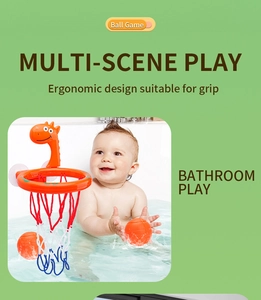 Detail of giraffe basketball hoop for kids bath time with ergonomic balls for easy grip