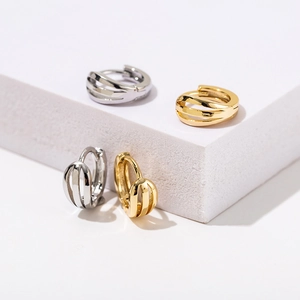 Minimalist 18K gold plated triple layered hollow metal hoop earrings in gold and silver