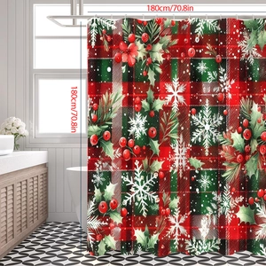 Detail view of Christmas shower curtain with red plaid pattern and holly berry print