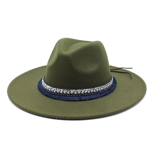 Olive green cashmere felt fedora with 9.5cm wide brim and ethnic style beaded band