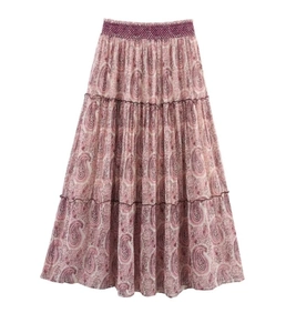 Detailed view of pink paisley print chiffon maxi dress with elastic high waist layers