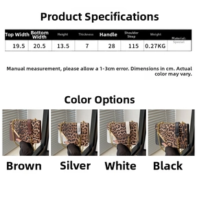 Size chart showing width, height, and strap lengths for leopard print shoulder bag