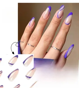 Detail of long almond press on nails with purple French line design and chic silver ring