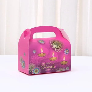 Pink Happy Diwali gift box with golden mandala patterns and convenient handle