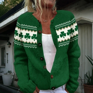 Women's St. Patrick's Day dark green knit cardigan with shamrock pattern and buttons