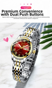 Detail of quartz watch with red sunray dial, gold Roman numerals and day-date display