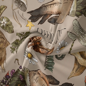 Detail of vintage bohemian tapestry fabric showing mushrooms and free spirit prints