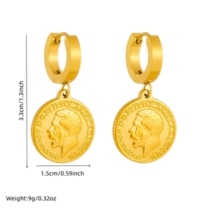 Vintage gold plated stainless steel coin drop earrings with embossed portrait figures