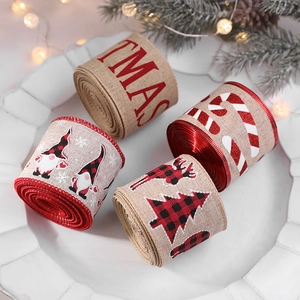 Christmas Burlap Ribbon With Red Plaid Gnomes Tree Candy Cane For Gift Wrapping Party Decor DIY Handcrafting Supplies