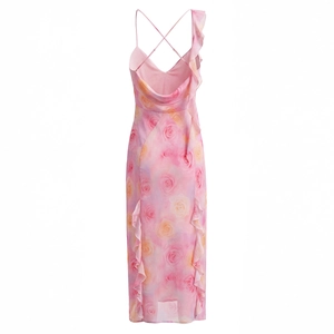 Pink floral maxi dress with backless crossover straps and romantic ruffle trim detail