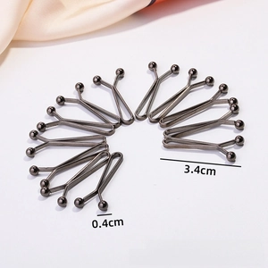 Detail showing dimensions of a 3.4cm gun-black U-shaped metal scarf pin and clip