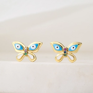 18K gold plated butterfly stud earrings with blue enamel evil eye and zircon stones