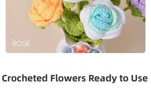 Detail of colorful hand-knitted crochet roses in a white ceramic vase with fine textures