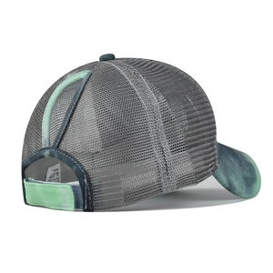 Detail view of tie-dye ponytail sun hat featuring breathable mesh and velcro strap