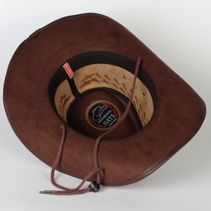 Detail view of brown felt cowboy hat interior with adjustable chin strap and sweatband