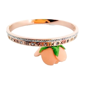 Rose gold titanium steel roman numeral bangle with pave zircon crystals on a pink stand