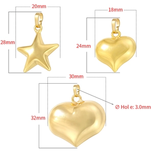 Gold heart and star pendants in various sizes with detailed measurement annotations